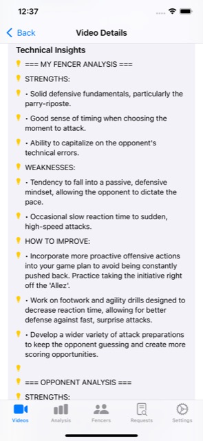 FencingLab AI fencing coach showing coaching insights and training drills