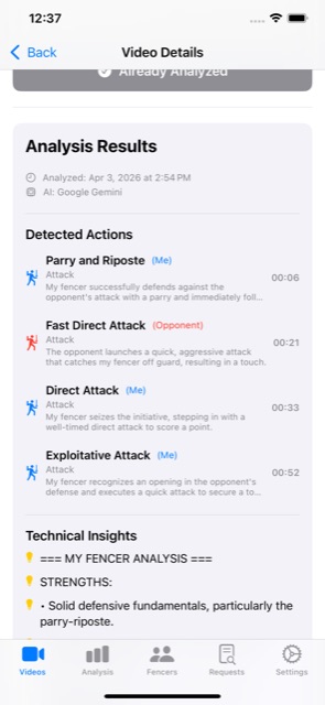 FencingLab fencing video analysis showing detected actions with timestamps
